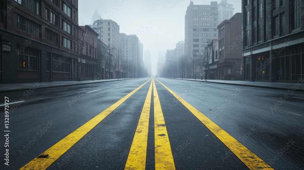 Fototapeta premium Urban road with yellow lane lines stretching through city buildings on a foggy day