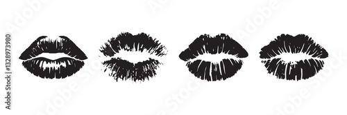 Set of silhouettes lip print On white background. A kiss mark vector