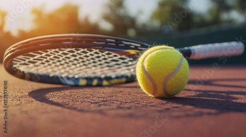 Close-up of a tennis ball resting on a tennis racket on an outdoor tennis court under bright sunlight


