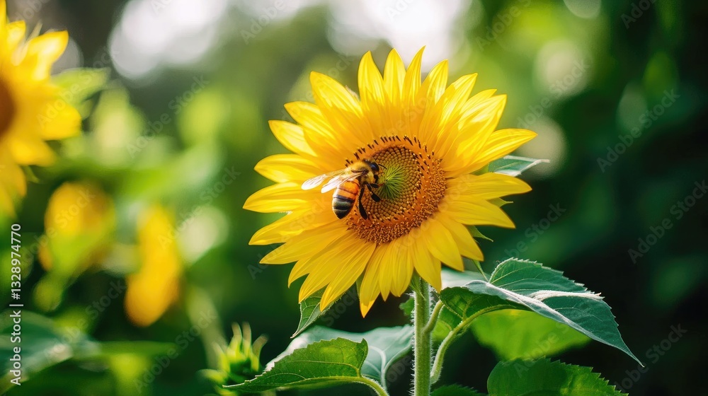 Bright Sunflower Bloom with Bee Collecting Pollen in Nature Bright Sunflower Bloom with Bee Collecting Pollen in Nature