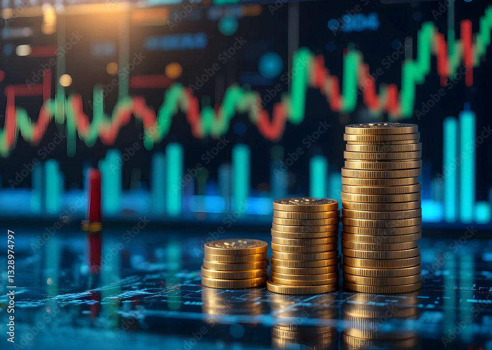Financial profitability and stack of coins with digital graphic background.