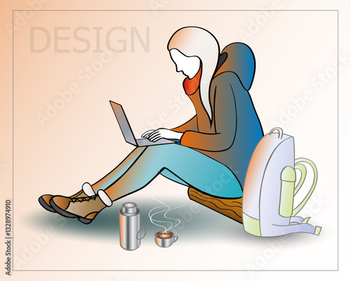 The girl sits on a log and works on a laptop while hiking.