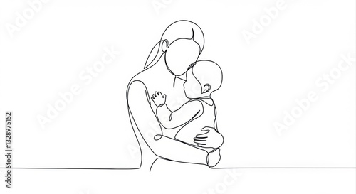 A mother cradles her baby in a single line drawing.