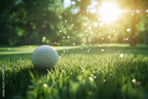 Golf ball rests on lush green grass, sunlit. Perfect for websites, blogs, or ads related to golf, sports, or leisure. photo