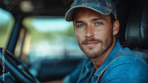 A young handsome man in a denim jacket and cap is behind the wheel of a tow truck, ready to assist stranded motorists in bright weather conditions photo