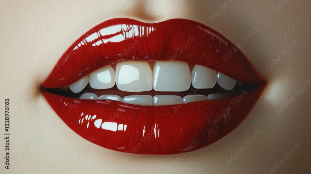 Obraz premium close-up of glossy lips beautiful teeth with veneers perfect smile in photorealistic style