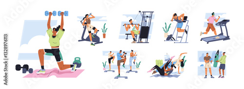 People in fitness gym set. Athletes in sportswear do cardio and strength training with sports equipment. Sportsmen and sportswomen do exercise at workout. Flat isolated vector illustrations on white
