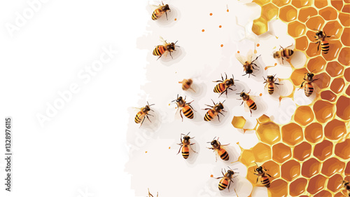 High-angle, close-up shot of a section of honeycomb with multiple honeybees on a white background. The honeycomb is light golden yellow, with some cells appearing broken or empty. The bees are