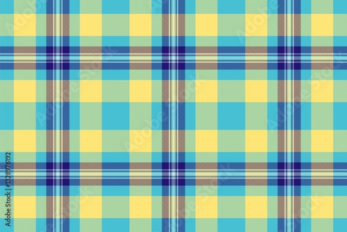 Gorgeous vector texture pattern, cutout tartan seamless check. Collage background textile fabric plaid in cyan and yellow colors.