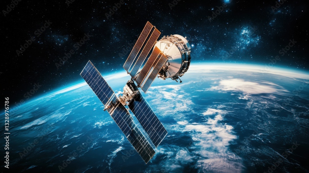 A satellite deploying in orbit, vast outer space with Earth in the background, Space-tech style A satellite deploying in orbit, vast outer space with Earth in the background, Space-tech style