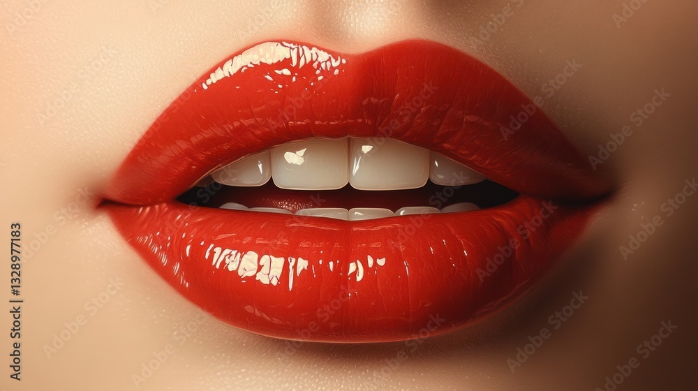 Fototapeta premium Close Up of Glossy Lips and Perfect Teeth with Veneers and Beautiful Lipstick in Photorealistic Style
