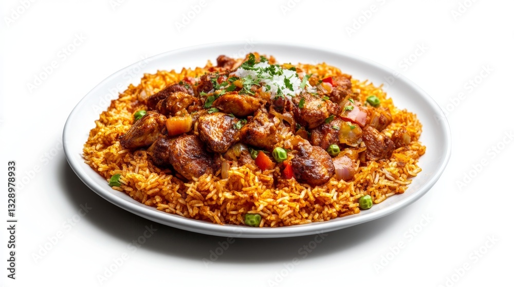 Hyper Realistic Jollof Rice with Chicken and Vegetables on White Plate Hyper Realistic Jollof Rice with Chicken and Vegetables on White Plate