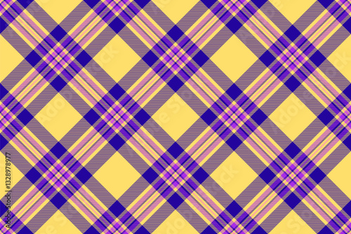 Scottish fabric background texture, neat plaid textile seamless. Intense tartan vector pattern check in yellow and indigo colors.