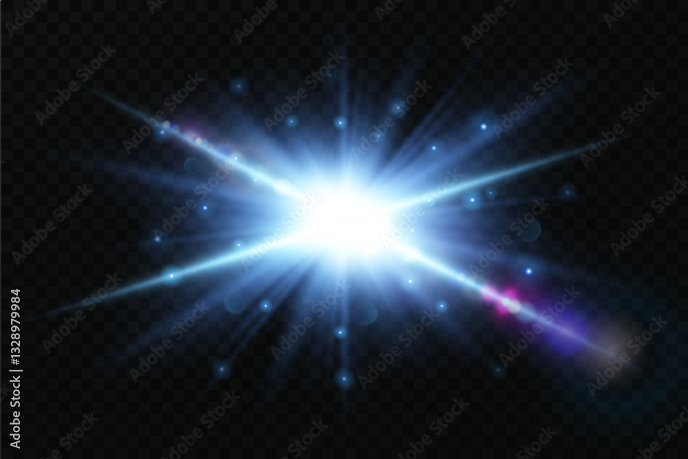 Fototapeta premium Light effect Bright star. Blue glowing light explode.Vector.