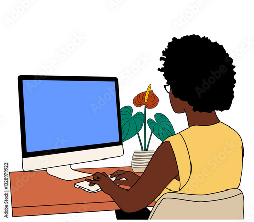 Black woman sitting rear view at a desk with computer monitor in front of her. African american girl is typing on the keyboard and has a blooming house plant on her desk. Vector illustration isolated