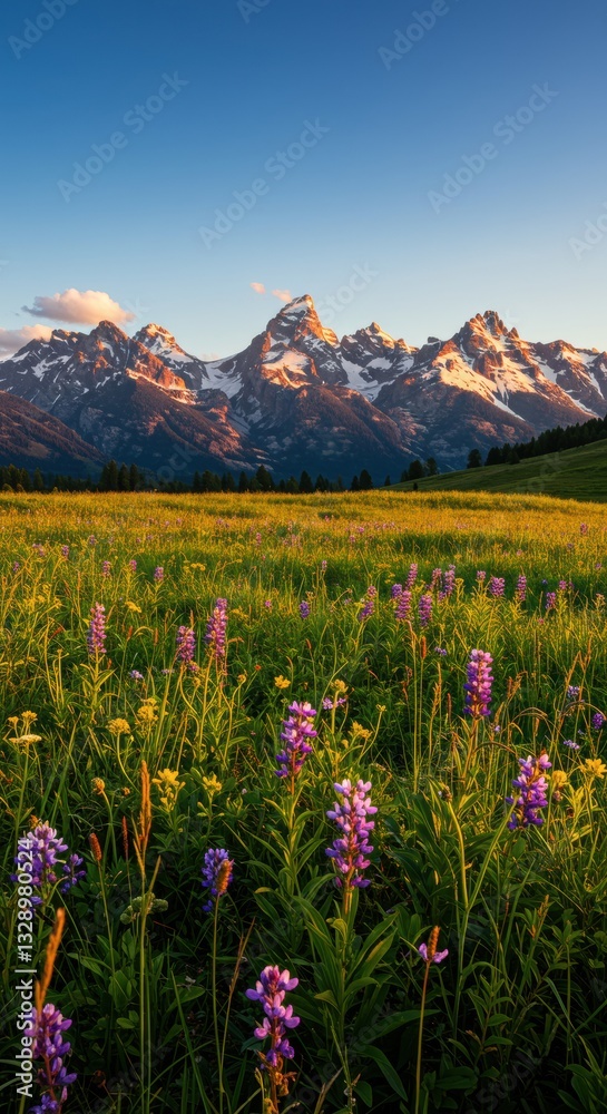 Fototapeta premium Golden light bathes a field of purple wildflowers with snow-capped mountains in the distance. A serene landscape under a clear sky with a hint of clouds.