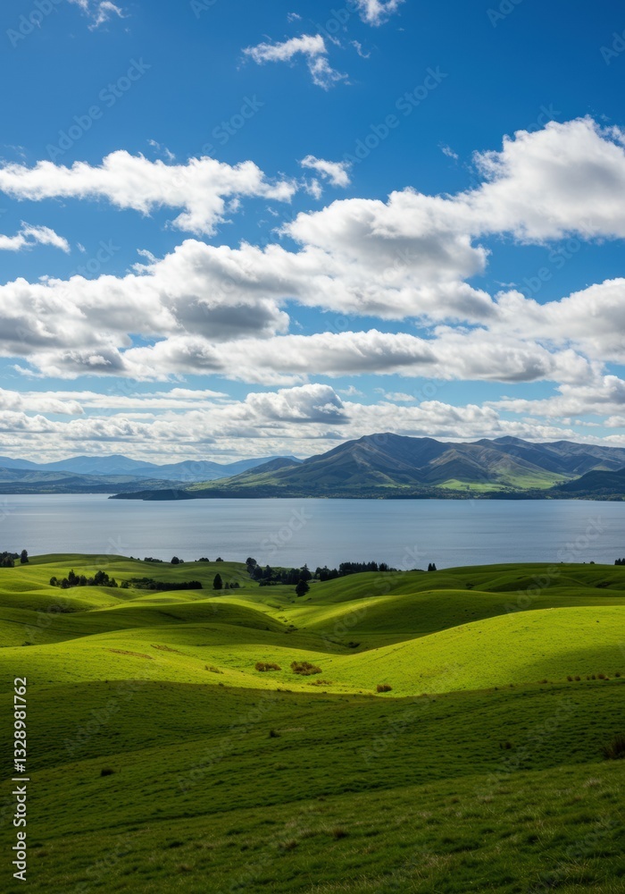 Green rolling hills meet a serene lake under a vast blue sky with fluffy clouds. A tranquil landscape evoking peace and natural beauty. Green rolling hills meet a serene lake under a vast blue sky with fluffy clouds. A tranquil landscape evoking peace and natural beauty.