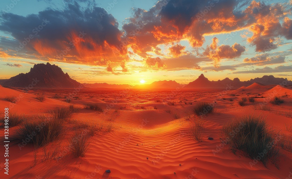 Naklejka premium Sahara Desert Sunset Scenic Landscape with Sand Dunes Natural View