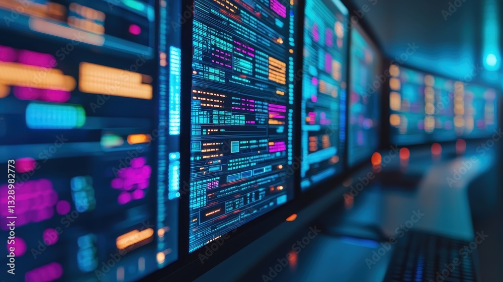 A series of computer screens displaying colorful data and code in a dark environment, emphasizing technology and digital information. A series of computer screens displaying colorful data and code in a dark environment, emphasizing technology and digital information.