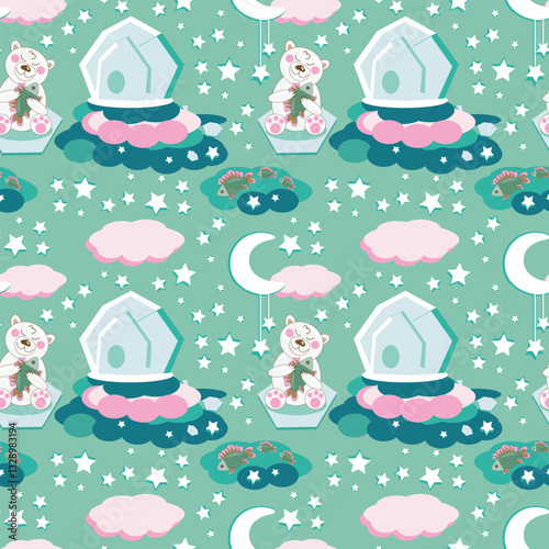 Seamless pattern polar bear cub under stars and moon with fish on green background - vector illustration for packaging design, fabric, wallpaper