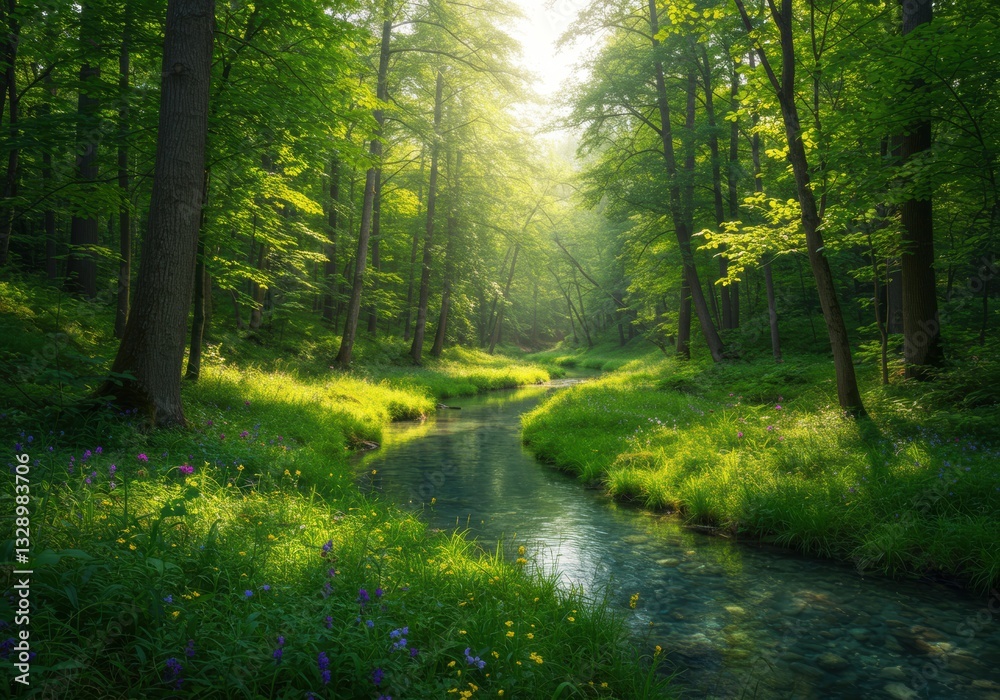 Obraz premium Sunlit Forest Stream: A Serene Woodland Scene
