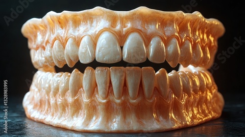 Top View of Broken Temporary Upper Jaw Dental Prosthesis Made of Polymer on Black Background photo