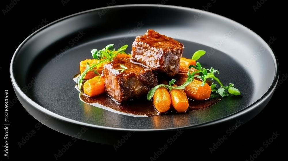Beef Tendon concept. Braised beef tendon served on a dark plate Beef Tendon concept. Braised beef tendon served on a dark plate