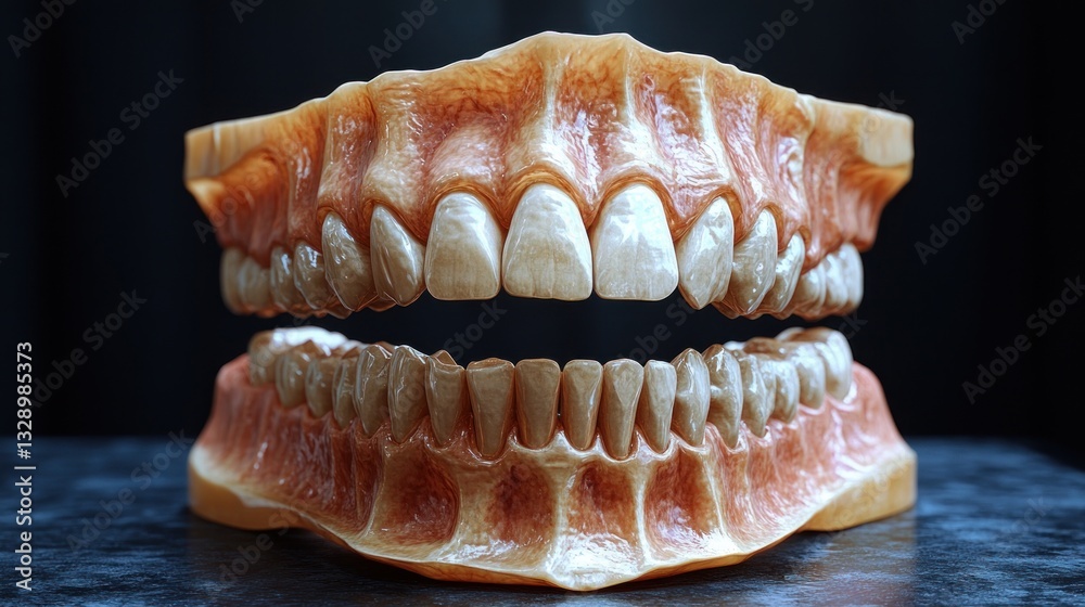 Detailed Study of Broken Temporary Dental Prosthesis Upper Jaw Polymer on Black Background Top View Detailed Study of Broken Temporary Dental Prosthesis Upper Jaw Polymer on Black Background Top View