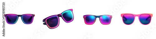 A collection of modern fashionable sunglasses in vibrant purple blue and pink tones with bold eye catching frames and reflective