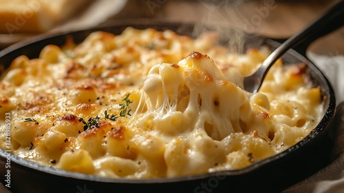 A gourmet food shot, creamy mac and cheese in a black cast iron skillet, a spoon twirling a perfect cheese-covered bite, steam rising, rich golden color palette, cinematic food photography,