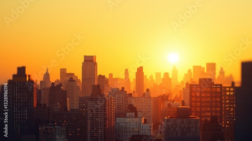 A breathtaking sunset casts a golden glow over a city skyline, highlighting the silhouettes of tall buildings against a vibrant orange sky.