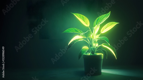 
A glowing plant in a dark room, with its leaves emitting soft light as it performs photosynthesis, symbolizing the power of nature, plant in a pot