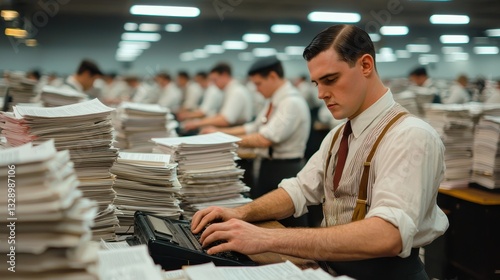 A focused man types at a cluttered desk in a busy office, surrounded by stacks of papers and fellow workers, evoking a sense of diligence and productivity.