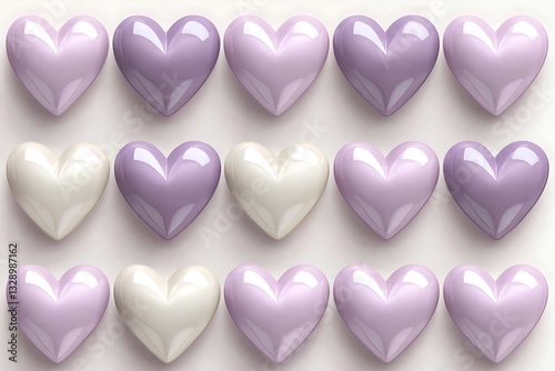 Fifteen Shiny Hearts Arranged in Three Rows Against a Soft White Background