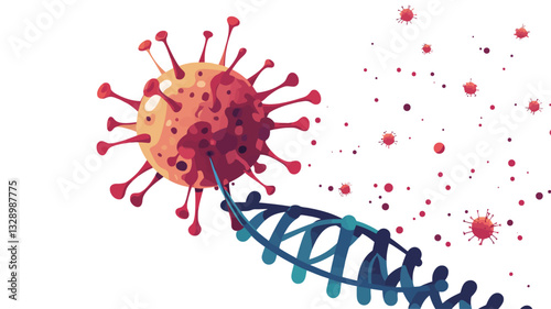 A stylized illustration depicting a double helix DNA strand connected to a virus particle. The virus is rendered with multiple spiky protrusions and is predominantly orange and red. The DNA is