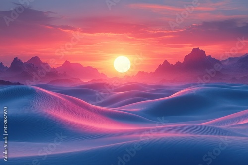 Surreal Desert Landscape with Glowing Sun Smooth Dunes and Rocky Formations Digital Artwork