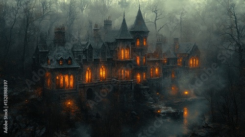 Haunted Victorian House in Eerie Forest with Lantern Light and Barren Trees
