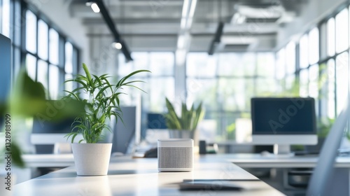 A smart air purification system, modern office with air purifier adjusting air quality, Health-tech style