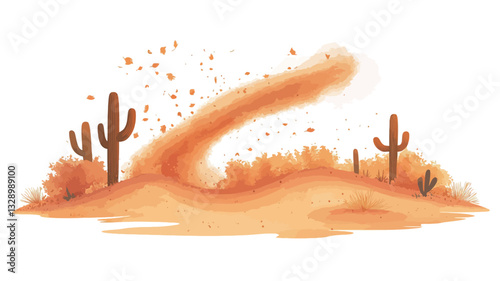 Digital illustration depicting a desert landscape with two cacti flanking a swirling sandstorm. The sandstorm is rendered in shades of orange and brown, with a visible vortex.  The cacti are