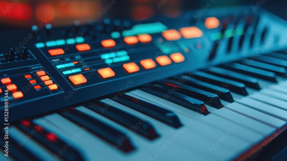 A close-up view of a synthesizer keyboard featuring illuminated buttons and keys, highlighting its modern design and vibrant colors. A close-up view of a synthesizer keyboard featuring illuminated buttons and keys, highlighting its modern design and vibrant colors.