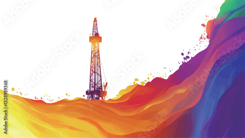 The image is a digital illustration featuring a stylized tower situated within a dynamic composition of swirling, vibrant color splashes.  The tower is rendered in shades of purple and grey,