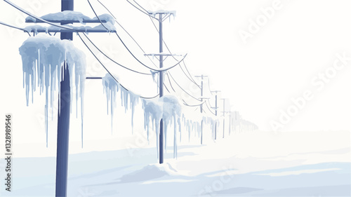 The image shows a series of power lines heavily coated in ice and snow.  The lines extend into the distance, vanishing into a hazy, snowy landscape. The color palette is predominantly white and
