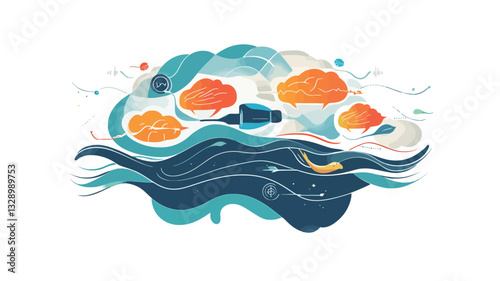 A digital illustration depicting a stylized brain formed from abstract shapes and flowing lines.  The brain is primarily composed of teal and blue wave-like forms at the bottom, with orange and