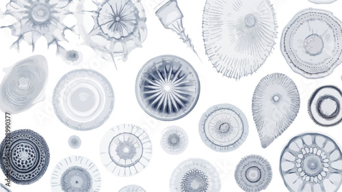 The image shows a collection of various microscopic organisms against a white background. The organisms are depicted in shades of gray and blue, showcasing intricate details of their cellular