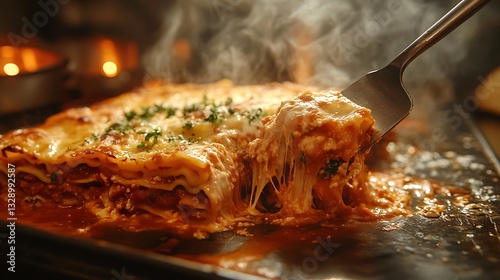 A rustic Italian kitchen, a fresh lasagna being sliced with a spatula, cheese pulling apart dramatically, vibrant red sauce glistening under warm candlelight, soft cinematic shadows, steam rising,
