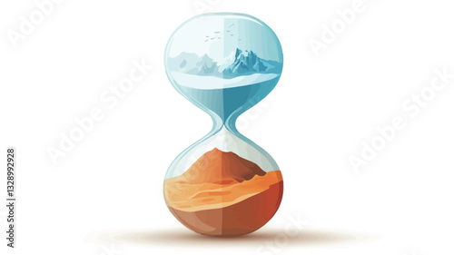 An illustration depicting an hourglass. The upper bulb contains a stylized depiction of a snowy mountain landscape, rendered in shades of blue and white. The lower bulb shows a stylized desert