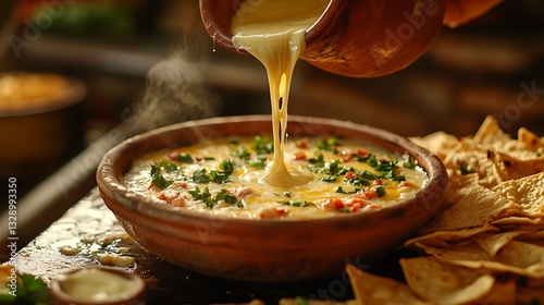 A rustic kitchen setting with a traditional clay bowl of queso dip, a hand pouring molten cheese over a plate of crunchy nachos, cheese dripping beautifully, cinematic focus,
