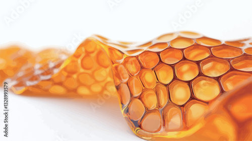 A close-up macro photograph depicts a section of honeycomb, showcasing its intricate hexagonal cell structure. The honeycomb is a rich, amber-gold color, appearing viscous and slightly translucent.