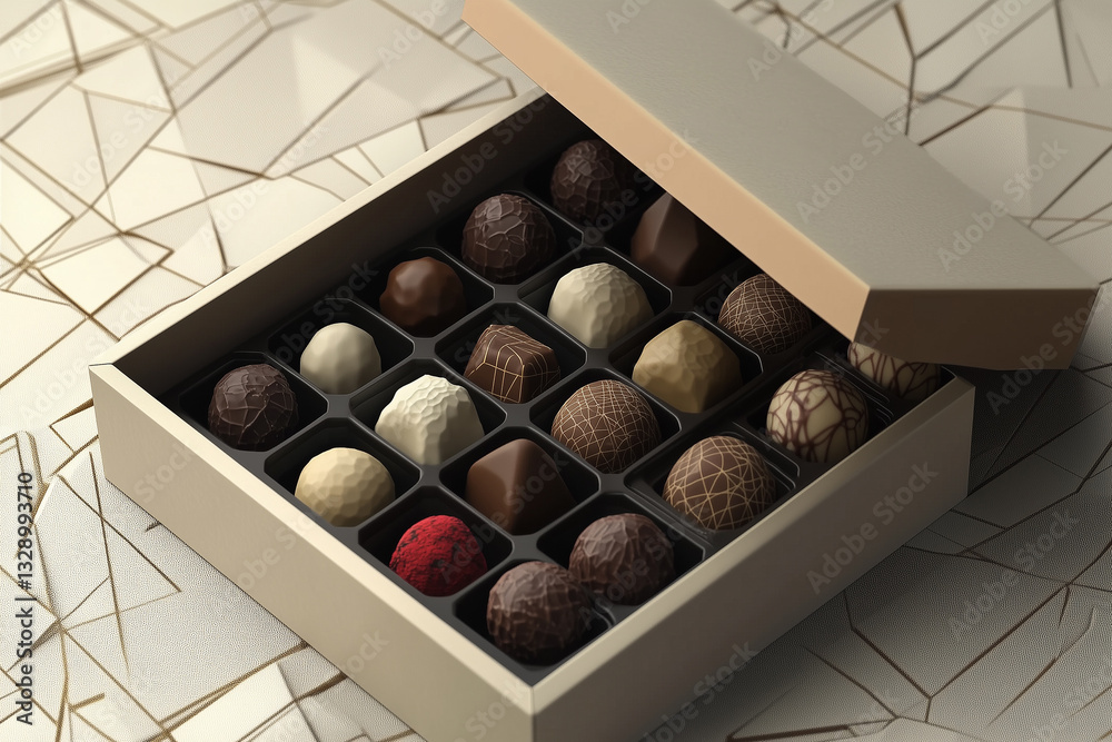 A box of assorted chocolates with customizable branding, displayed open with visible truffles