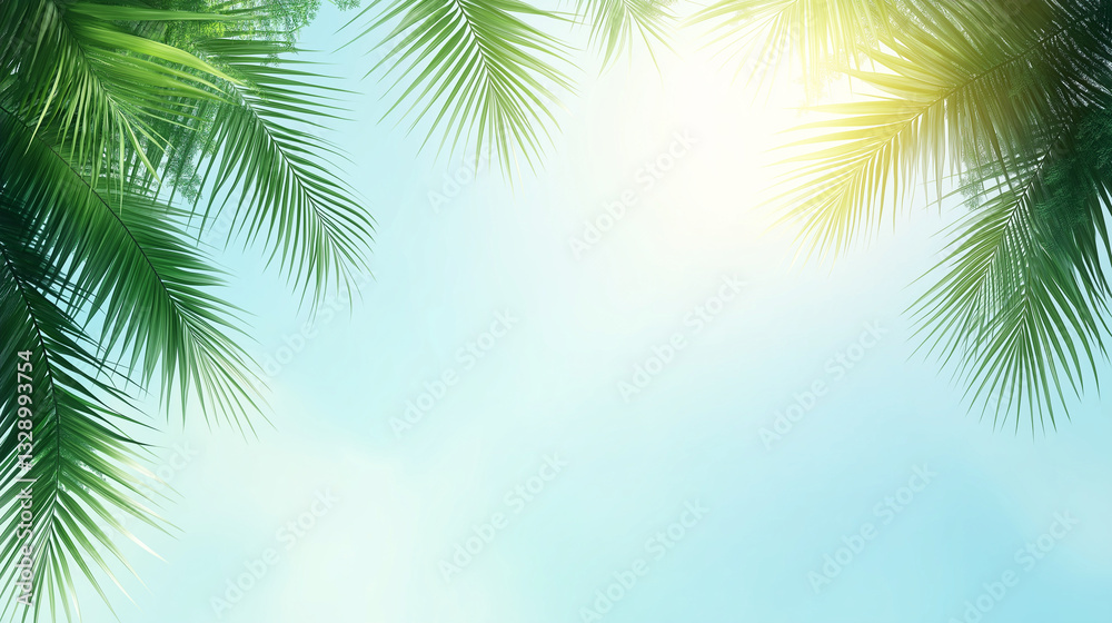 Verdant palm fronds framing bright azure sky, golden sunlight streaming through lush foliage, embodying tropical serenity Verdant palm fronds framing bright azure sky, golden sunlight streaming through lush foliage, embodying tropical serenity